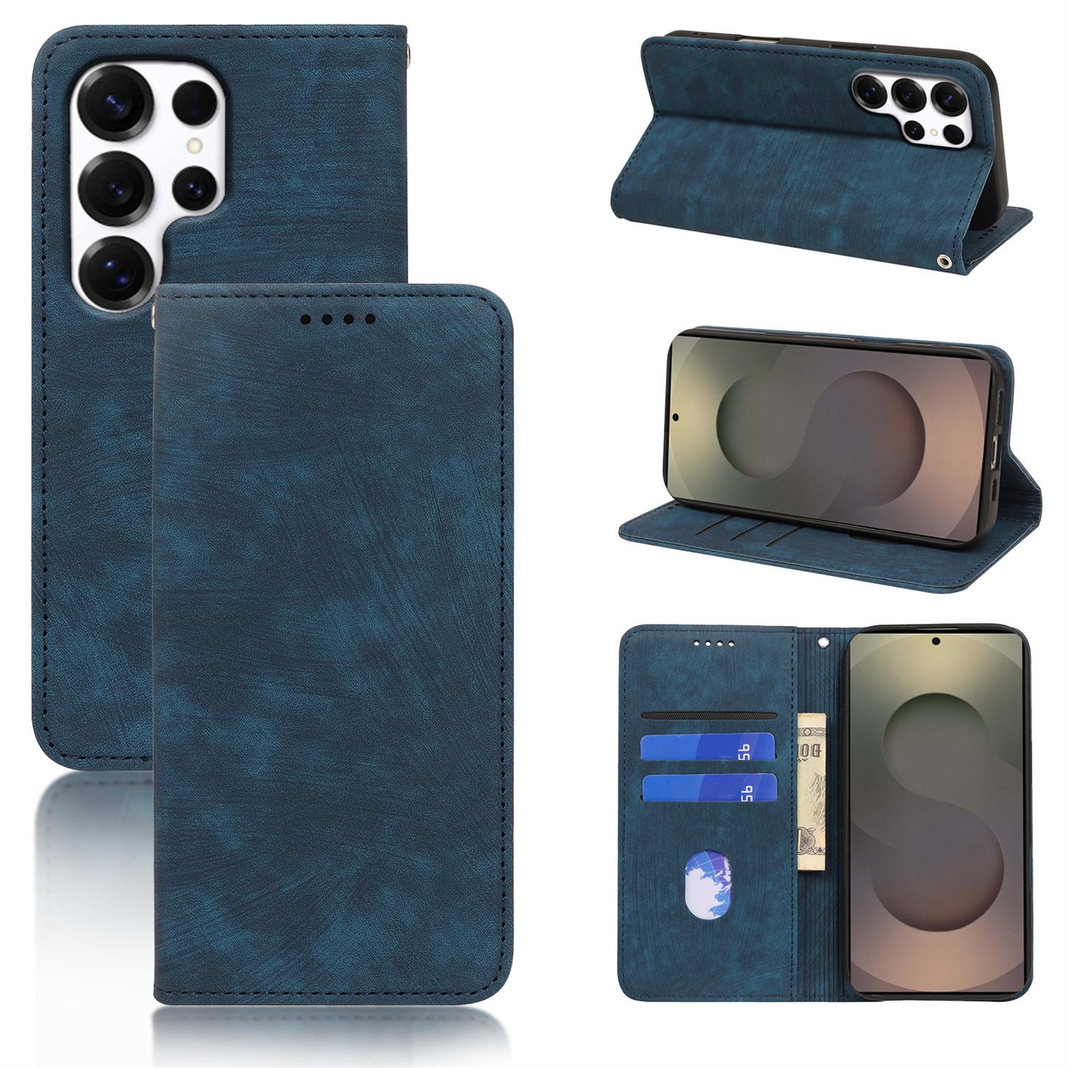 

For Samsung Galaxy S24 Ultra Case Strong Magnetic Leather Wallet Phone Cover with Striped Texture Blue