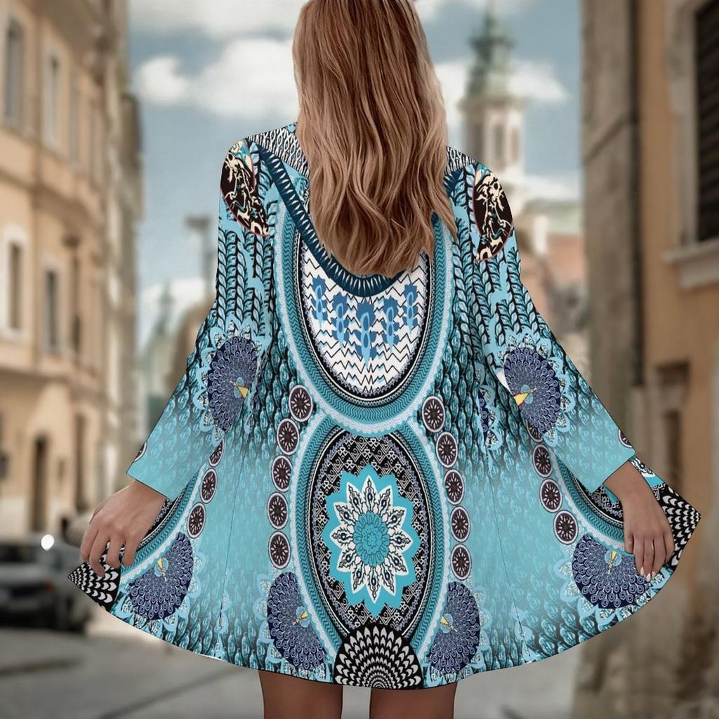 Women's Blue Mandala Print 3D Print Long Sleeve Open Front Cardigan, Casual Loose Fit Lightweight Street Style Outerwear
