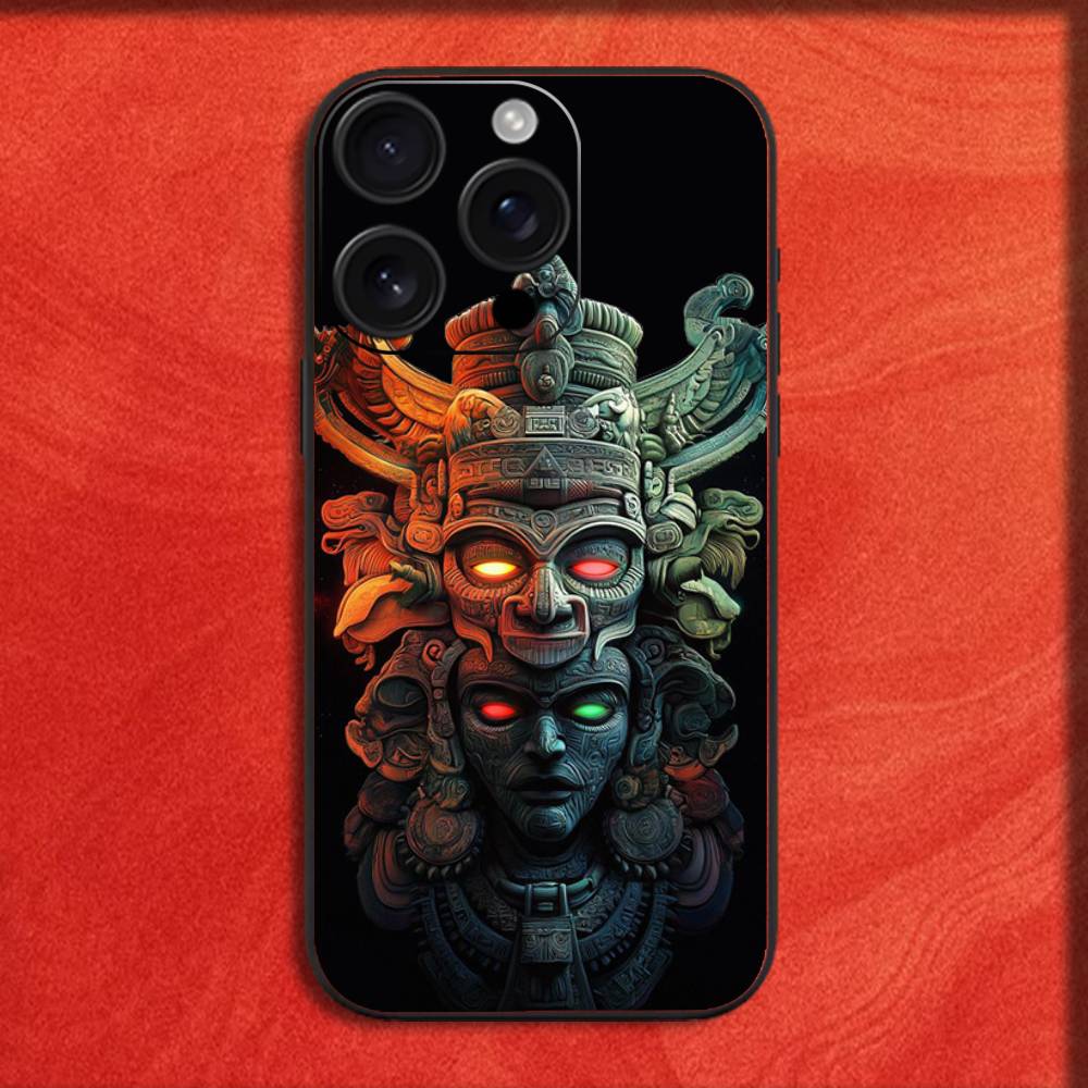 Mayan Aztec Calendar Statue Phone Case For iPhone 16,15,14,13,12,11,Pro,XS,Max,XR,Plus,E,SE4,Mini Black Fashion Cover
