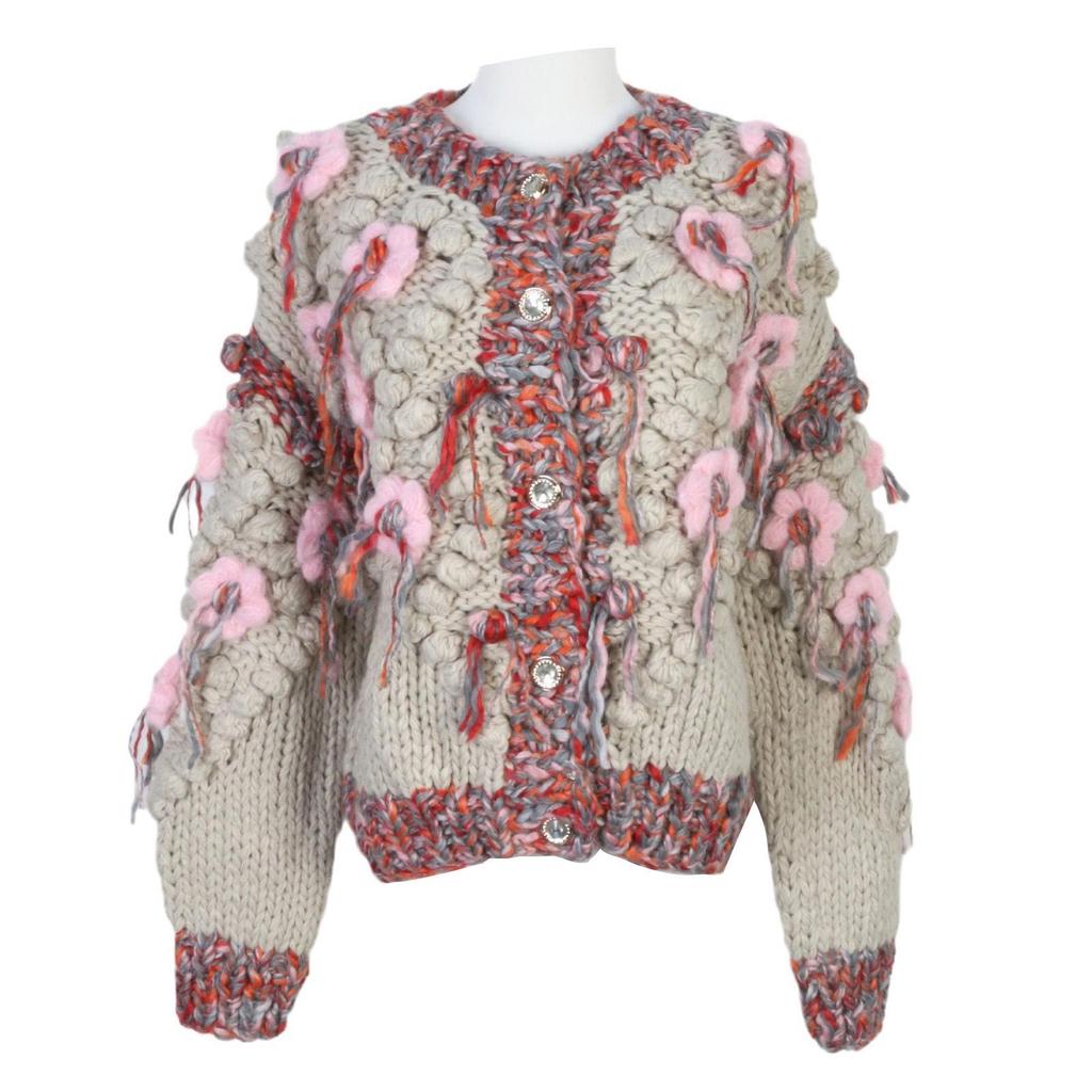 Stylish Women's Hand-Knitted Color Block Tassel Cardigan with 3D Floral Design