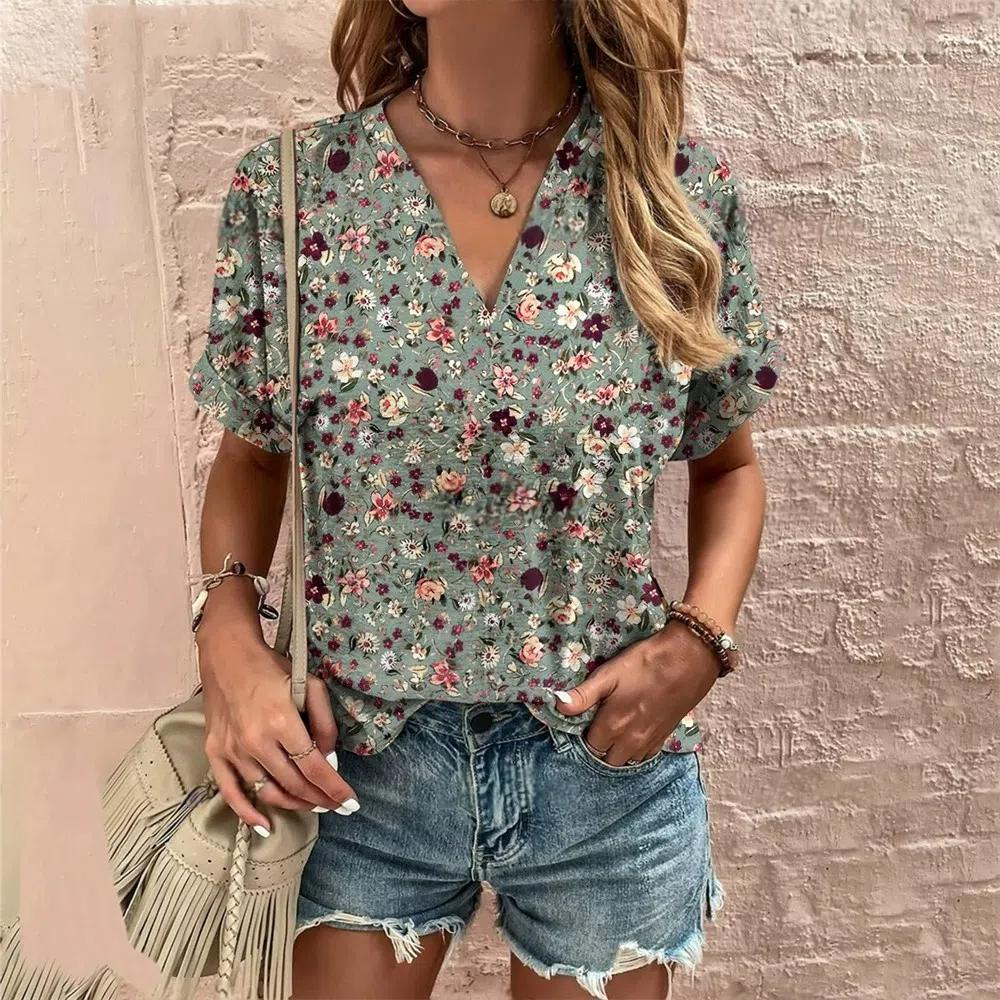 S-8XL Plus Size Crushed Flower Casual T Shirts Streetwear Casual Women's Short Sleeve Tops Tees V Neck T-shirt Fashion Clothing