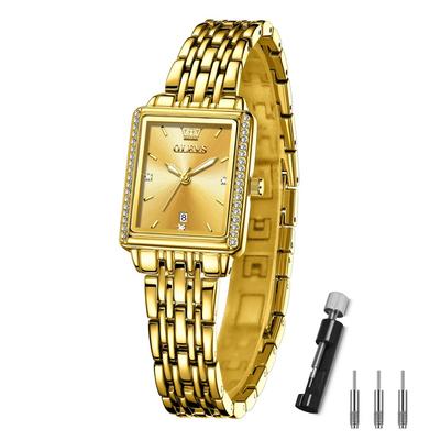 Women's Square Watch Gold Waterproof Quartz Analog Wristwatch Date Lightweight Stainless Steel Band