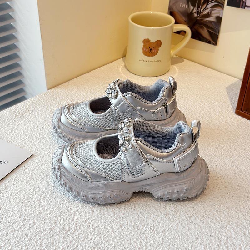 Silberne Prinzessin Schleifenschuhe - Geschlossene Strasskristall-Abendschuhe für Mädchen mit weicher Sohle und hohen Absätzen