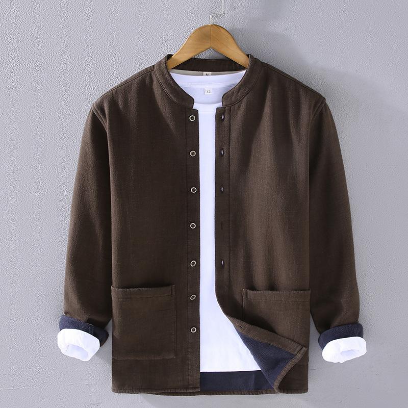Winter Warm Shirts for Men Chinese Style Traditional Stand Collar Disc Buckle Shirts Male Thicken Casual Tops Cotton Linen Fleece Jacket