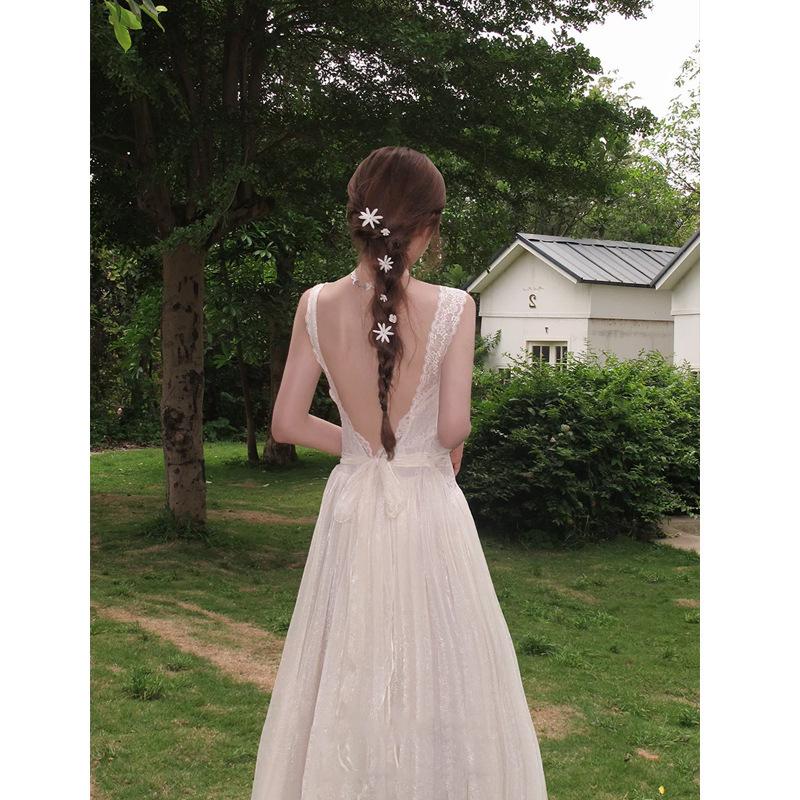 French white lace suspender dress women's summer seaside vacation great looking temperament slim backless long skirt