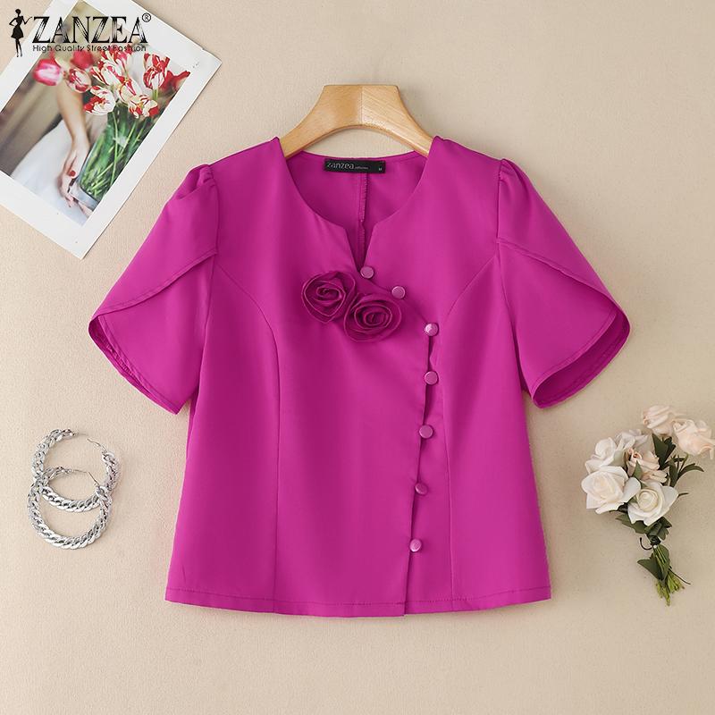 ZANZEA Damen Sommer V-Ausschnitt Slim Lässige Kurzarmbluse