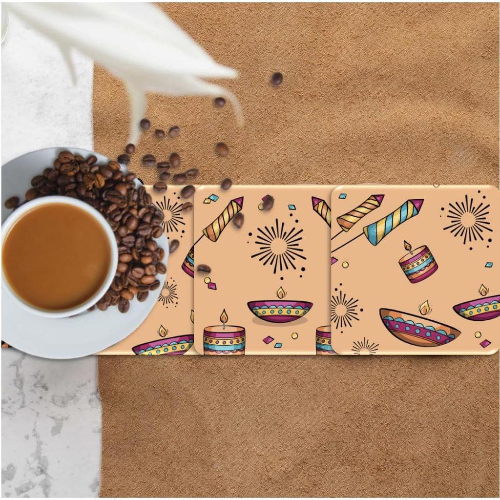Coaster Set of 4 Beautiful Diwali Festive Tea Coasters with Stand Designer Quality for Tea Cups,Coffee Mugs and Glasses