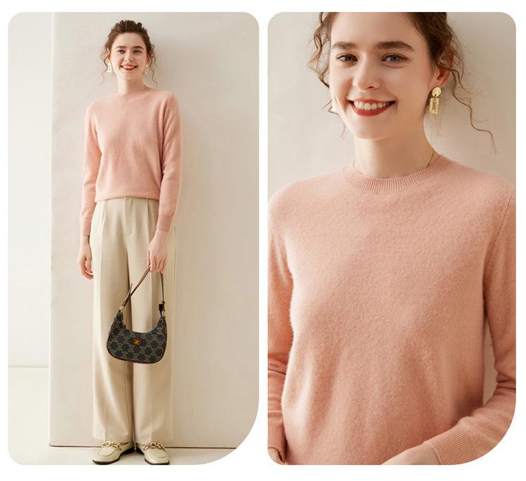 Women's Round Neck Breathable Cashmere Sweater - Solid Color, Long Sleeve Knit Pullover for Winter