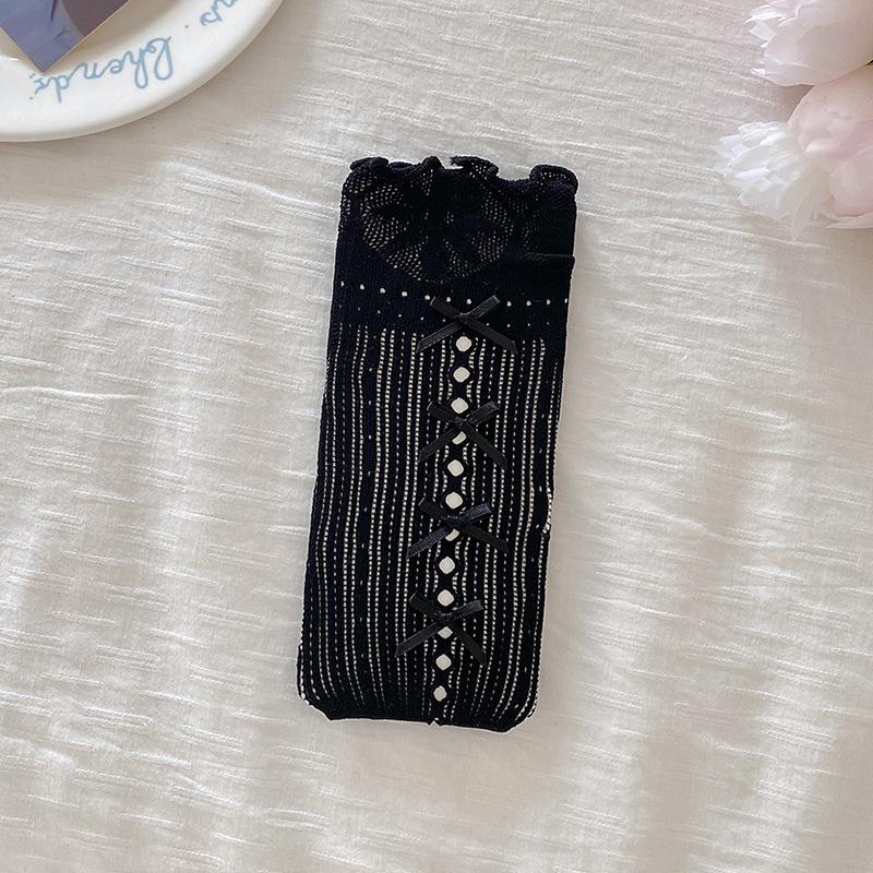 Children's Socks Summer Lolita Wooden Ear Mesh Ribbon Large Bow Mid-tube Socks for Girls