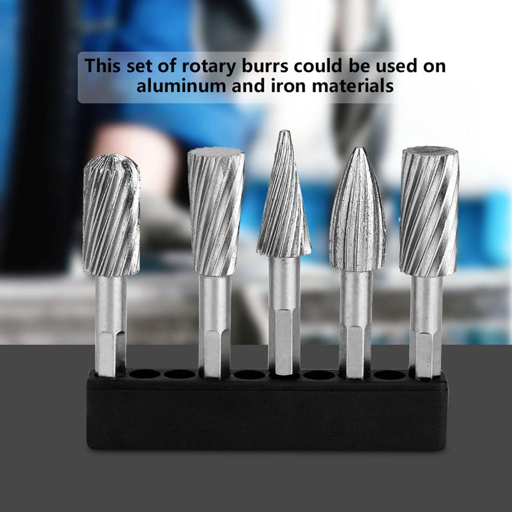 5Pcs 1/4inch Hex Shank High Speed Steel BurrsFile Tool Kit Rasp Die Grinder Bits Accessories Attachments, Carbide Burr Set for   Woodworking Carving