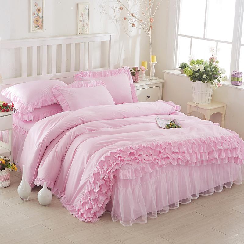 Korean Princess Duvet Cover 4 Piece Set Solid Color Ruffles Lace Quilt Cover And Pillowcase For Girl Woman Romantic Bedspread