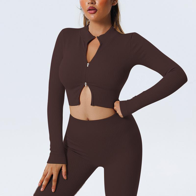JYL Stand Collar Zipper Long Sleeve Yoga Slim Quick Dry Outfit Set