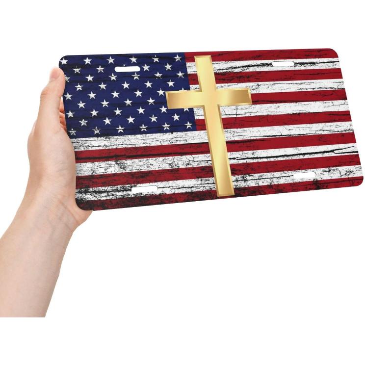 Vintage American Flag Golden Jesus Cross Aluminum License Plate 6 X 12 Inch Metal Car Front License Plate Cover Car Decor Accessory Novelty Vanity