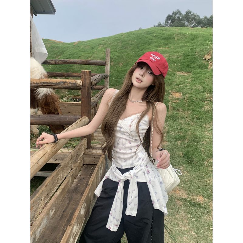 

Kumikumi Sexy Suit Floral Slim-Fitting Long Sleeves Cardigan Women s Autumn Inner Wear Lace Sling Vest Two-Piece Set White Camisole S