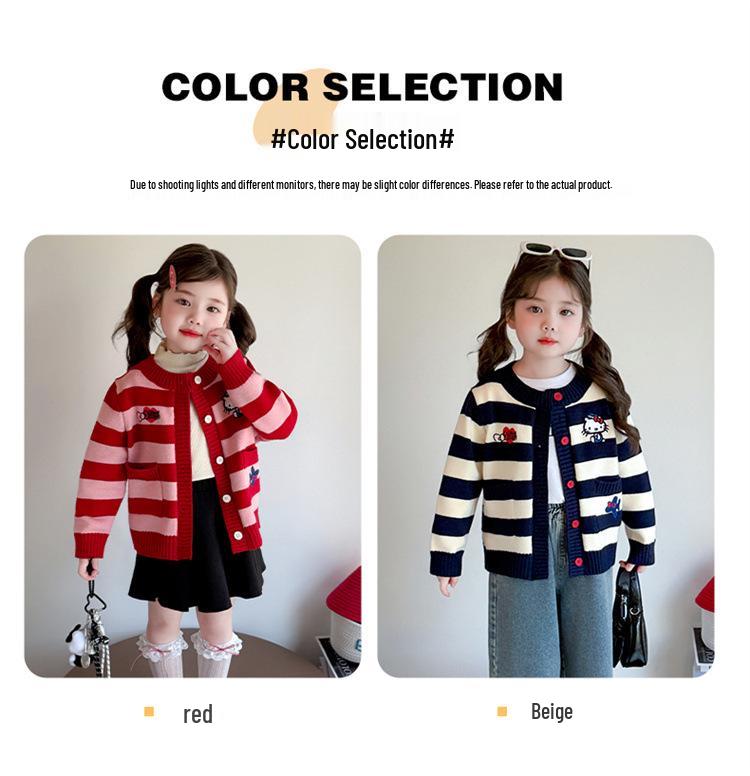 Girls' 2025 Autumn Knitted Cardigan Coat with Cat Cartoon Stripes