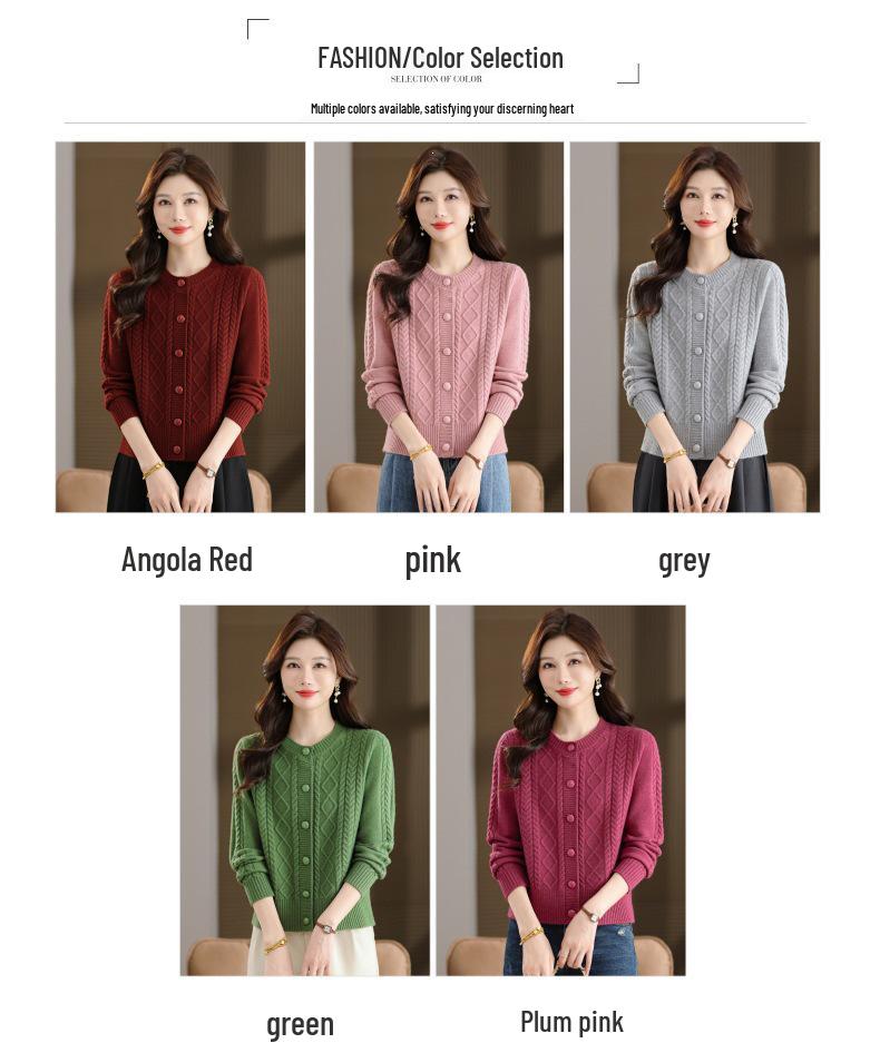 Women's Trendy Round Neck Rhombus Cable Knit Cardigan - Autumn & Winter Long Sleeve Loose Fit Sweater