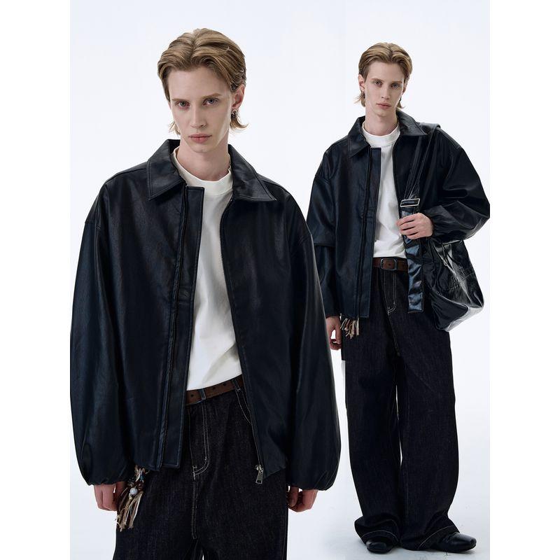 Kisko American Street Style Bomber Silhouette Black Motorcycle Jacket Unisex Trendy Brand Cool Lapel Leather Jacket