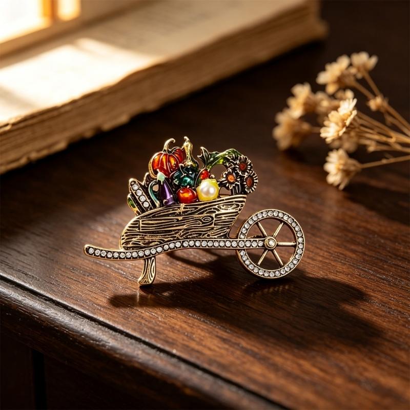 Harvest Wheelbarrow Brooch with Pumpkin and Vegetable Design, Antique-Look Alloy Pin with Raised Multicolor Details for Sweaters and Coats