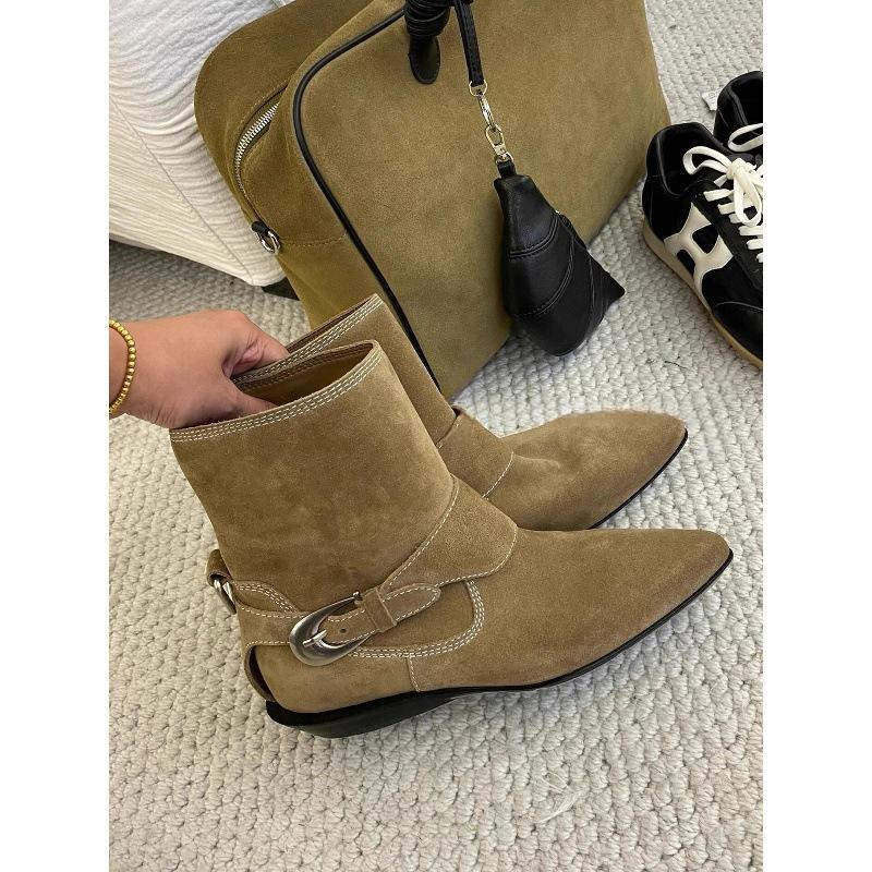 Cowhide Version Korean Version Niche Pointed Short Boots Western Cowboy Boots Women's Thick Heel Belt Buckle Genuine Leather Boots Martin Boots