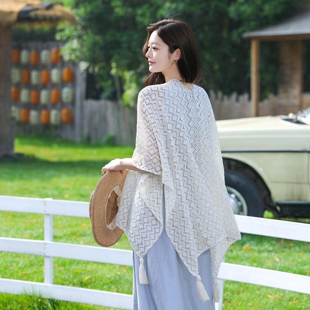 Colorful Ethnic Style Tassel Shawl Thin Beach Scarf Vintage Sunscreen Crochet Cardigan  Outdoor
