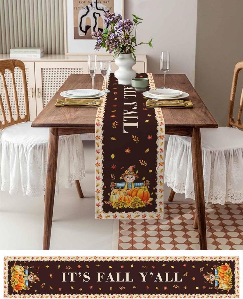 Thanksgiving Autumn Straw Man Linen Table Runner for Table Decor Fall Pumpkin Maple Leaf Kitchen Dining Table Runners Home Decor
