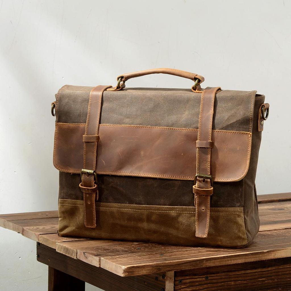 Men's Retro Waterproof Cowhide & Waxed Canvas Briefcase - European & American Shoulder Crossbody Bag