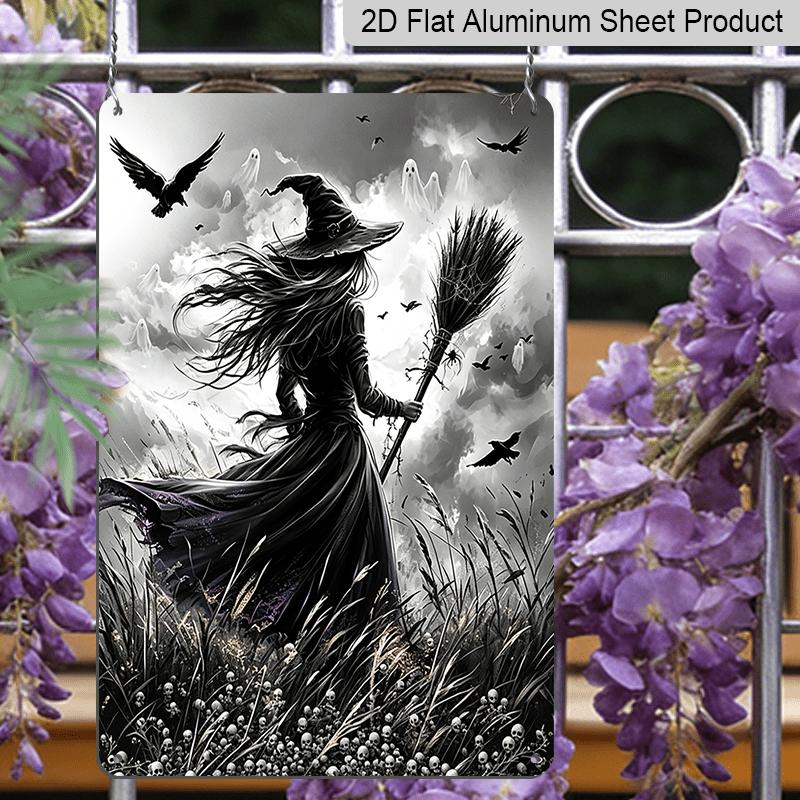 2D Flat, 1pc Gothic Witch Broomstick Black Crow Aluminum Halloween Sign, Halloween Wall Decor for Haunted House, Party, Home, Bathroom - Spooky