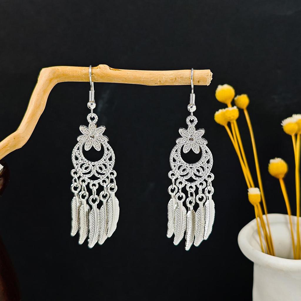 Imitation Miao Silver Ethnic Long Leaf Tassel Dangle Earrings