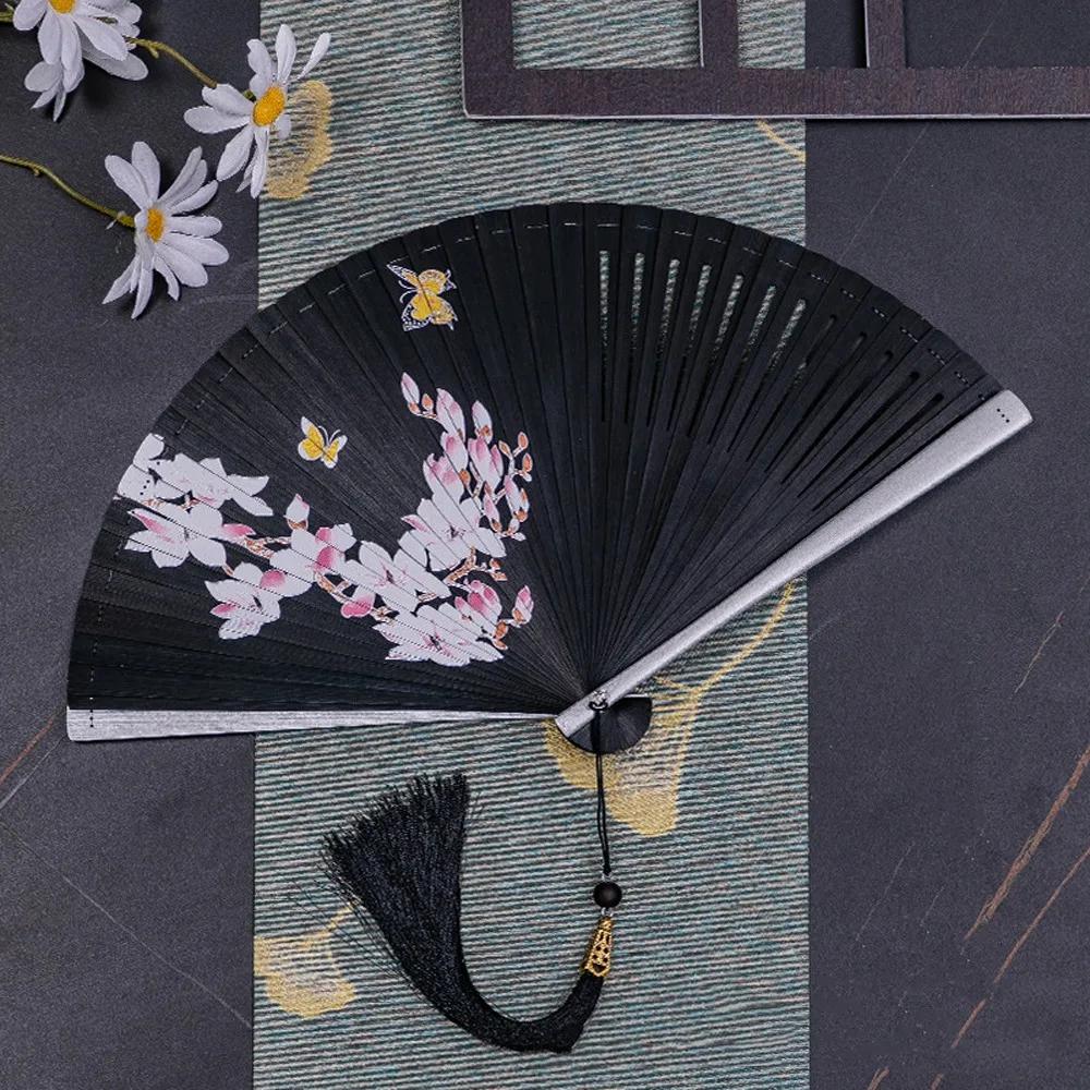 Chinesischer Stil Japanischer Klassischer Faltfächer Antiker Stil Schwarzer Faltfächer für Damen Handgefertigt Exquisite Handfächer