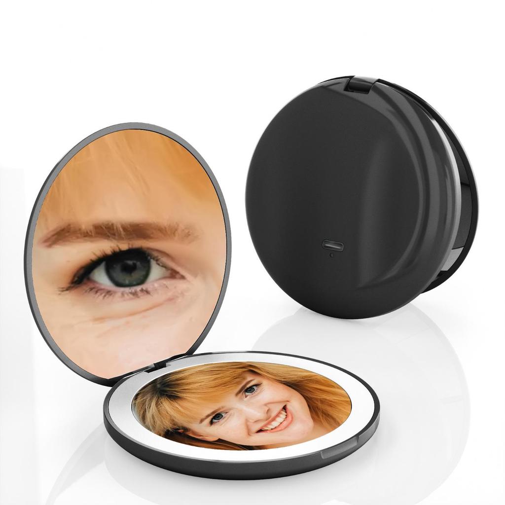 LED Lit Portable Double-Sided Makeup Mirror, 10x Magnification, Folding, with Living Room Fill Light