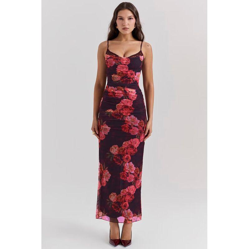 

House Elegance Temperament Camisole Dress Mesh Red Rose Print (hairline) L