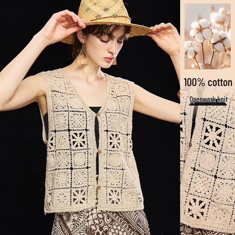 Women s Holiday V-Neck Crochet Knit Cotton Vest L абрикосовый