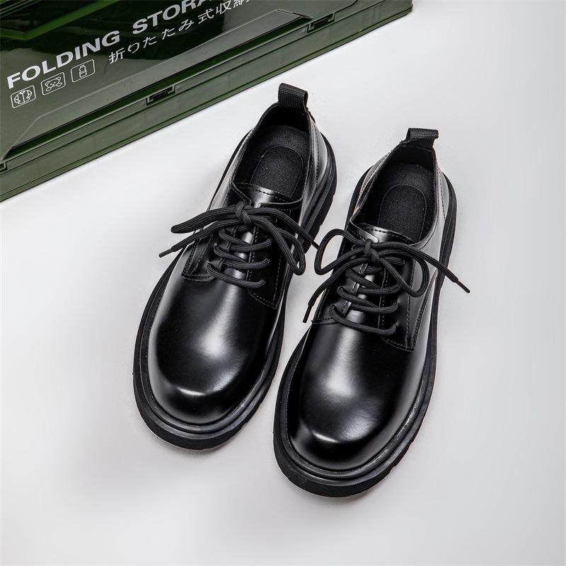 Black small leather shoes boys spring British platform versatile youth height increase formal business men's shoes