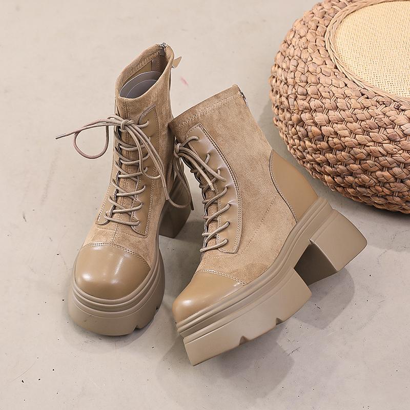 New Winter Thick Heel Cotton Boots for Women Round Head Suede Splicing Front Strap Thick Sole Non-slip Short Boots