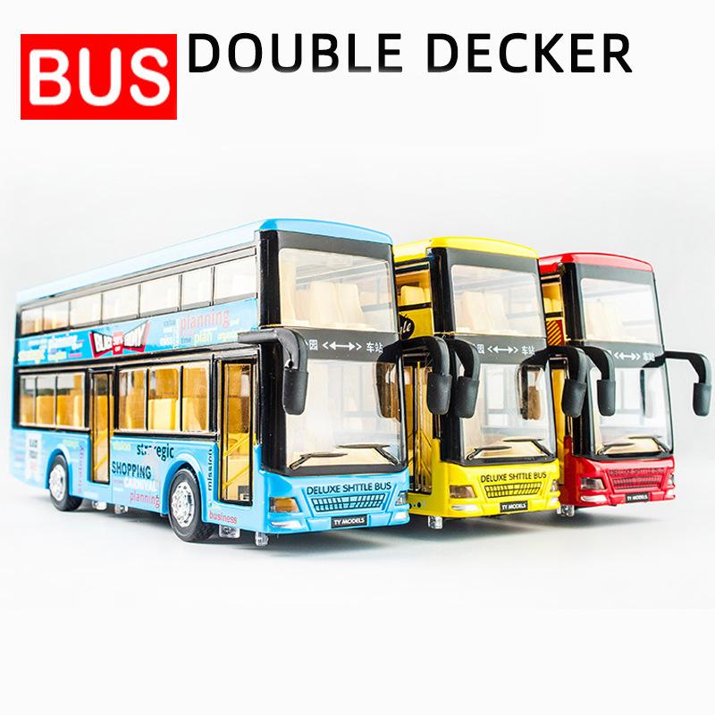 Double Decker Bus Diecast Model Toy, Pull Back Toy Vehicle with Sound and Light for Kids Toddler Boys Girls Gift Collection