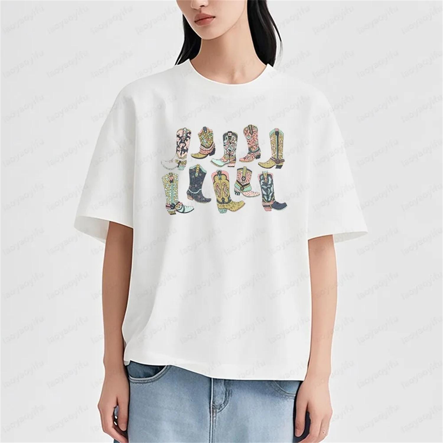 Bohemian-style Boot Pattern T-shirt Ethnic Style Creative Design Tshirt Leisure Daily Life Women Crewneck Summer Short Sleeve S