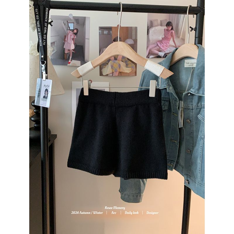 Kumikumi Idle Style Simple Solid Knitted Casual Pants Women Autumn Slimming Versatile High Waist Wide Leg Pants Shorts