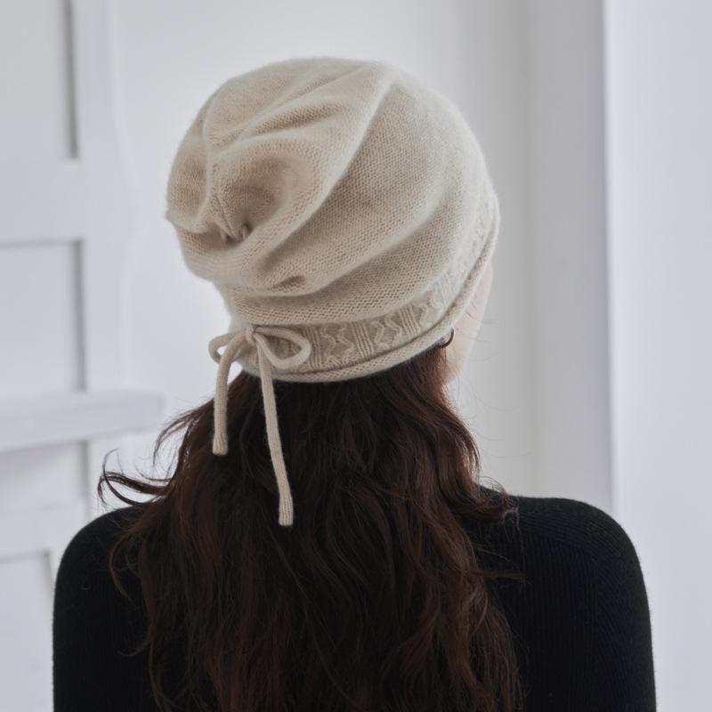Cashmere autumn and winter new warm knitted drawstring stacking hat ear protector wool bag head cold hat