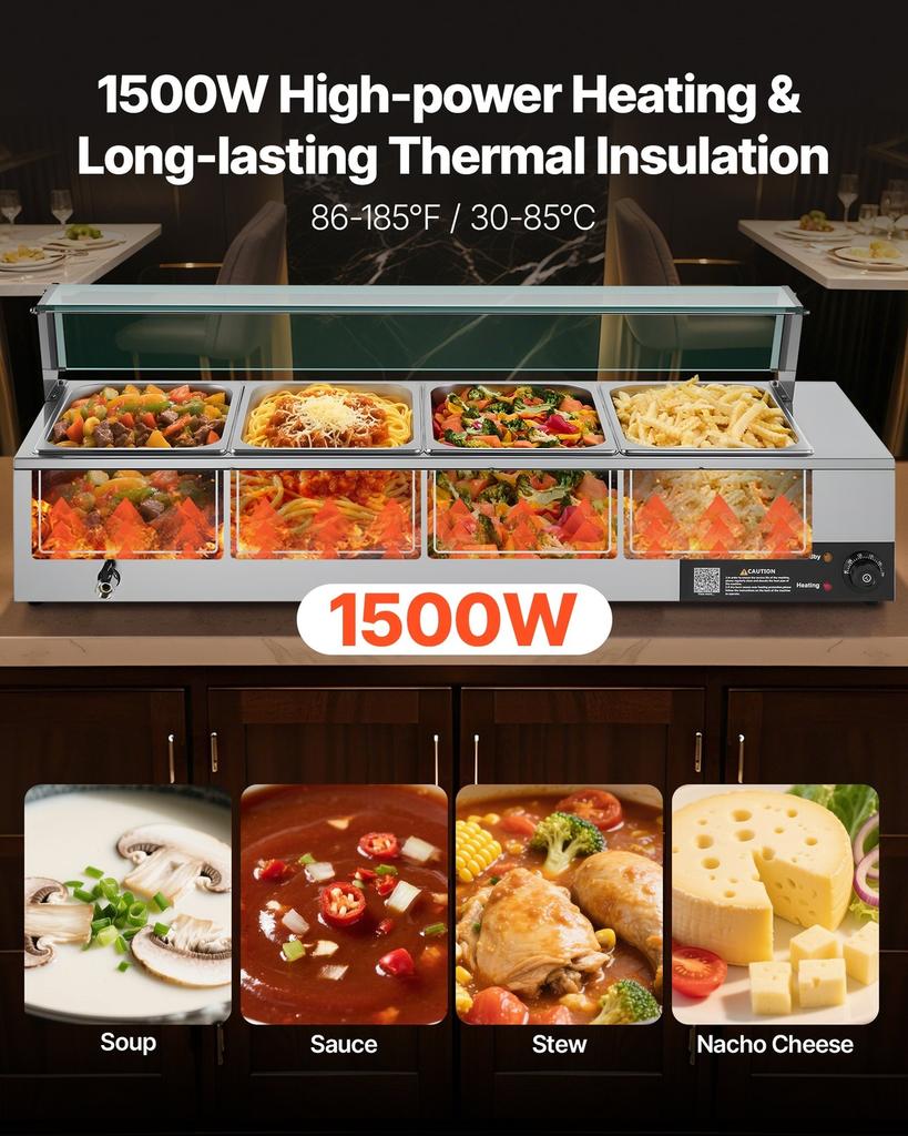 Commercial Food Warmer, 1500W Electric Stainless Steel Steam Food Warmer with Glass Cover, 4-Pan Countertop Buffet Bain Marie with Soup & Perforated