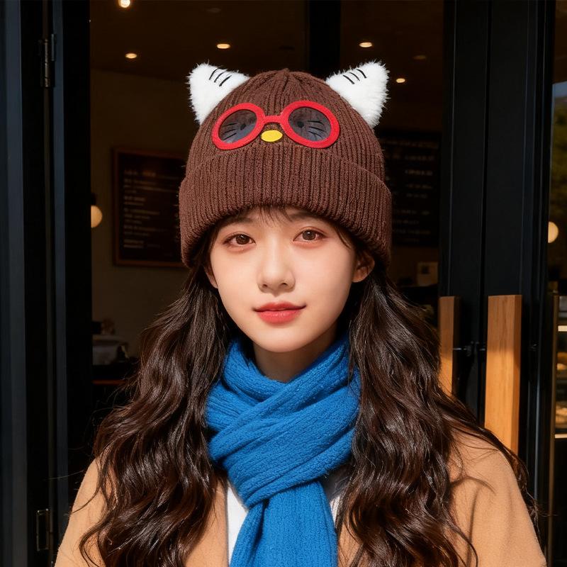 Cute Glasses Cat Ears Hat Women's Autumn and Winter Warm Ear Protection Knitted Hat Showing Face Small Wool Cold Hat