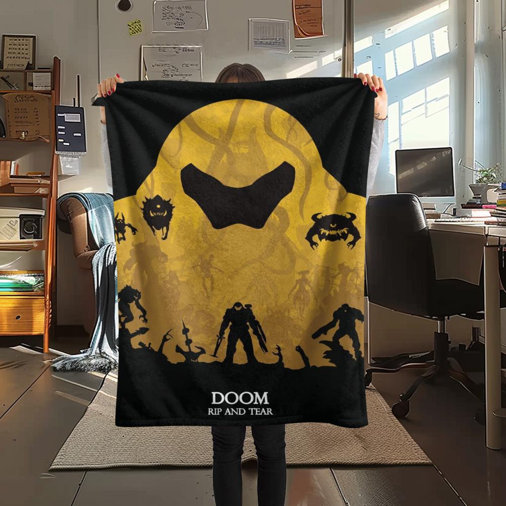 1PC Doom Print Flannel Blanket, High quality Comfortable for All Seasons, Home Decor, Warmth and Comfort, Perfect for Christmas Gifts