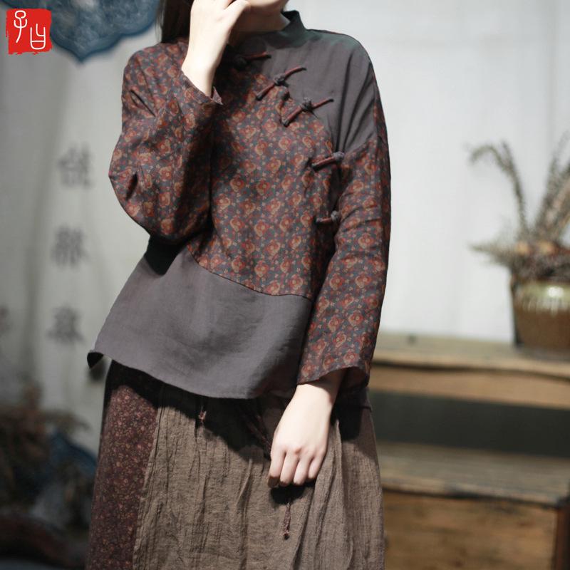 2025 Spring Color Block Linen Shirt: Elegant One-Shoulder Loose Long Sleeve with Half-High Collar