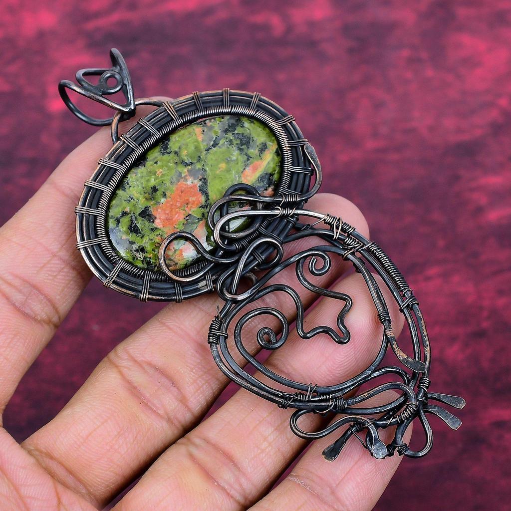 Unakite Gemstone Pendant Copper Wire Wrapped Pendant Handmade Brand New Jewelry
