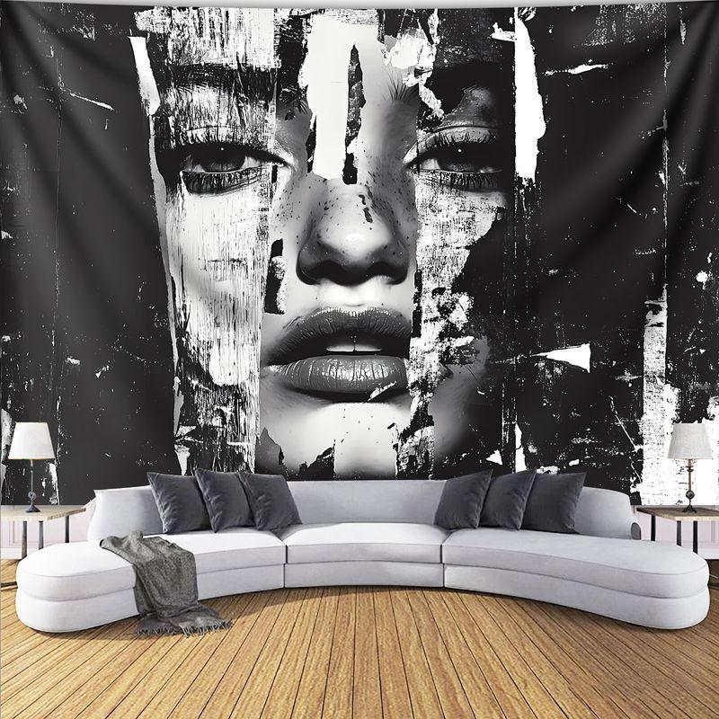 Black and White Tear Portrait Art Abstract Tapestry Wall Hanging Home Decor for Bedroom Living Room Dorm