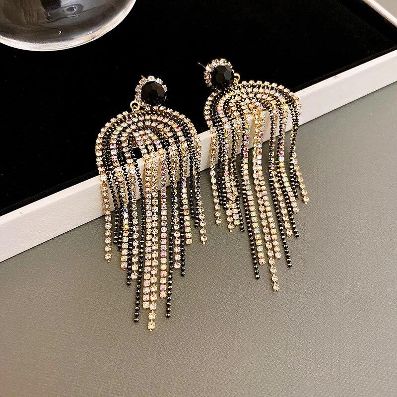 Inlaid Rhinestone Flowers Long Tassel Women Earrings Temperament Silver Needle Exaggerated Zircon Drop Earrings Sparkle Jewelry