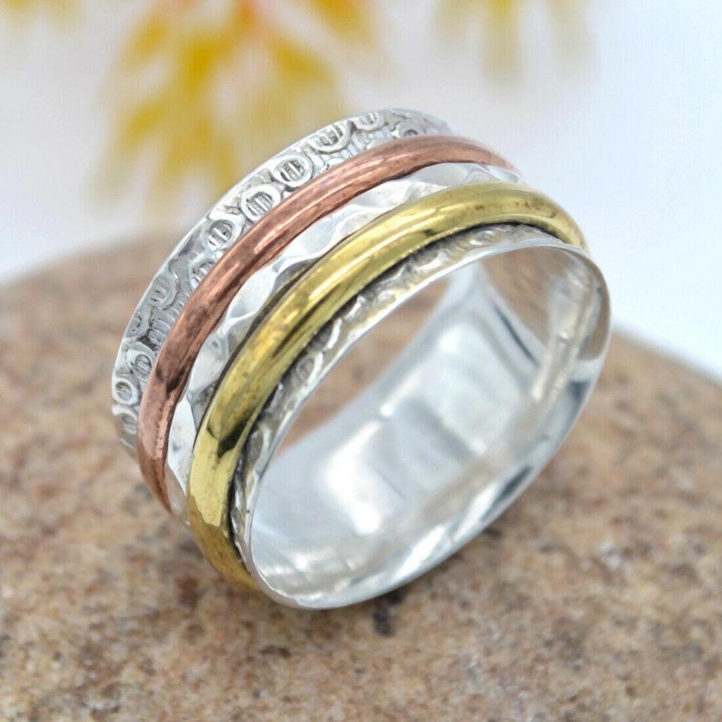 Handgefertigter Ring aus massivem 925er Sterlingsilber, dreifarbiger Spinnerband-Ring