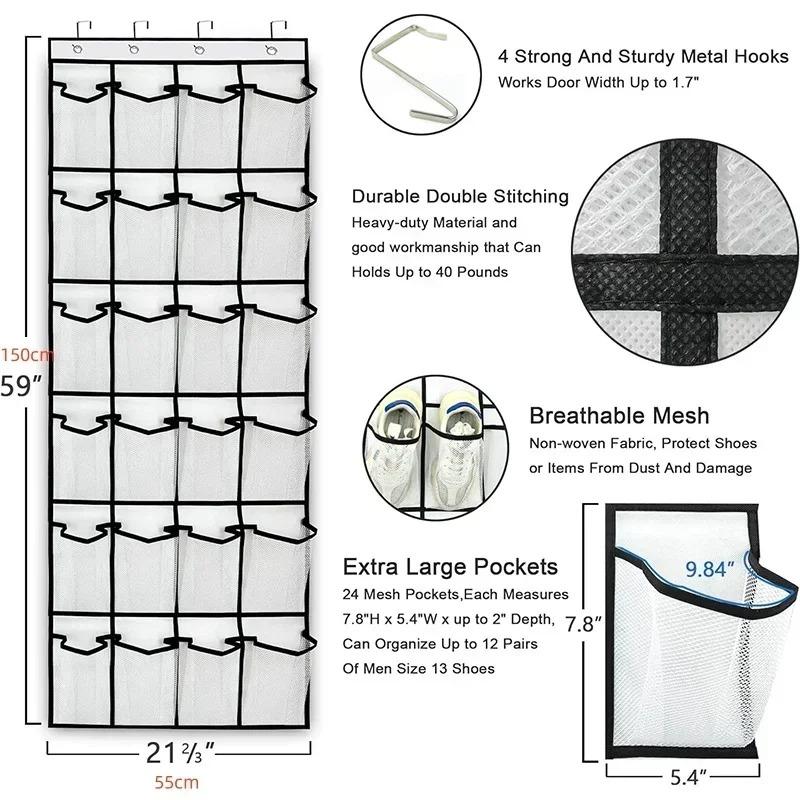 12/24Pockets Over The Door Rack Large Mesh Pockets Hanging Shoe Organizer for Closet Hanging Shoe Rack Holder Hanger Storage Bag