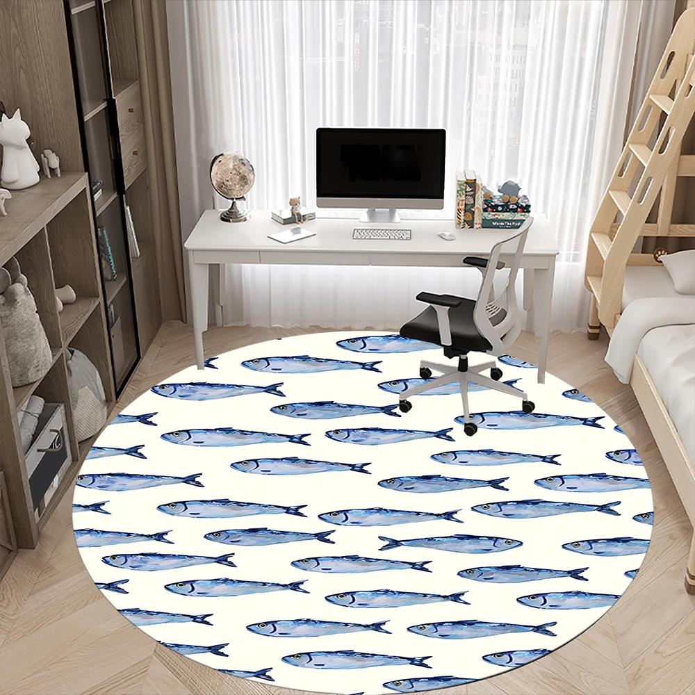 1pc Fish School Office Round Area Rug, Indoor Mat Suitable ForOffice, Under Office Chairs Bedroom Living Room Home Decor, Room Deco 018