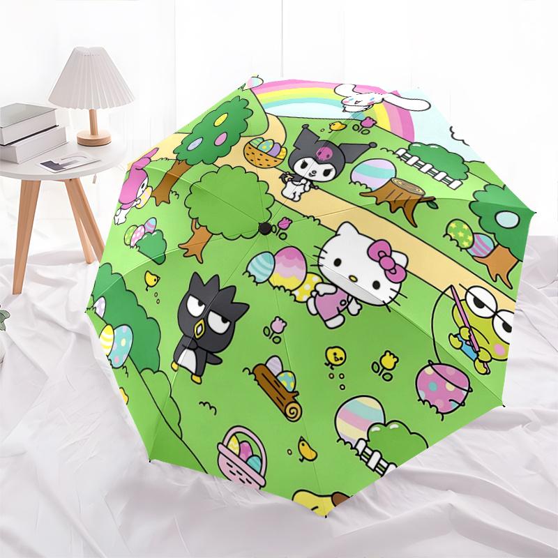 

1pc Hello Kitty Easter Egg Hunt Automatic Opening Folding Umbrella - Portable 3-Fold Design with Iron Frame - Outdoor for Fans, Travelers, Everyday Us