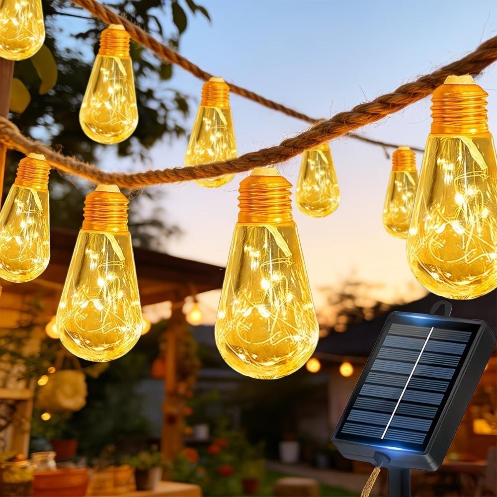 80LED Outdoor Garden Solar Light String, Bulb Hanging Retro Hemp Rope Light String, for Camping Courtyard Fence Garden